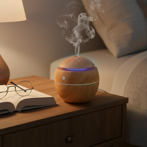 Diffuseur aromatique ultrasonique en bois naturel, brume silencieuse et LED couleurs