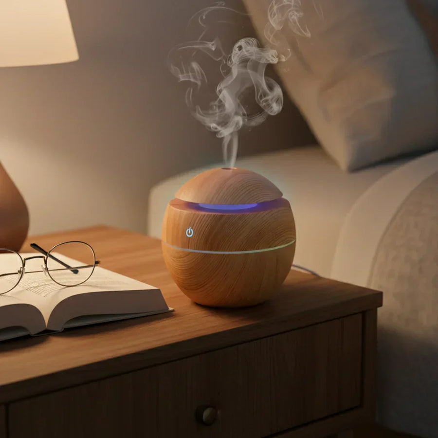Diffuseur aromatique ultrasonique en bois naturel, brume silencieuse et LED couleurs