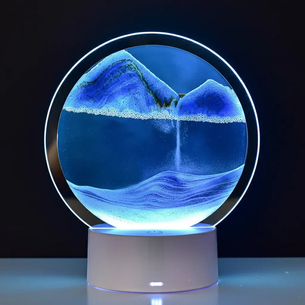 Lampe sablier avec particules colorées en suspension lumineuse, objet contemplatif relaxant