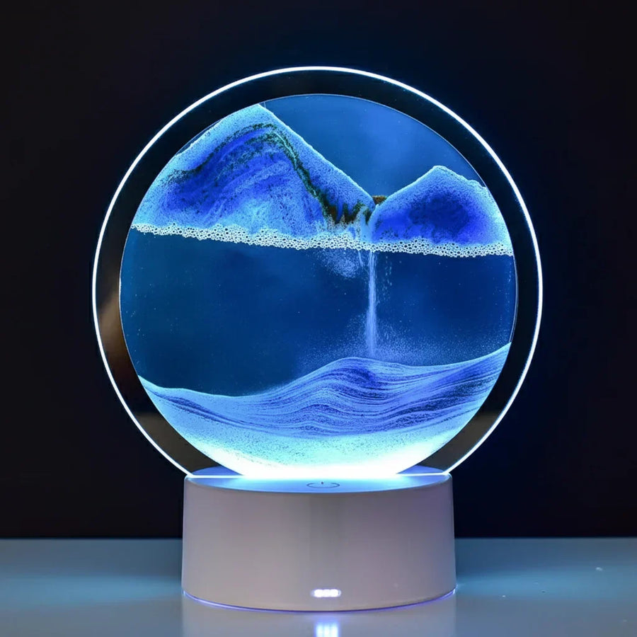Lampe sablier avec particules colorées en suspension lumineuse, objet contemplatif relaxant