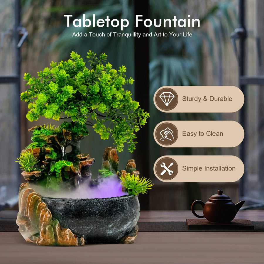 Fontaine de table zen avec brumisateur LED, rochers résine décoration feng shui bureau
